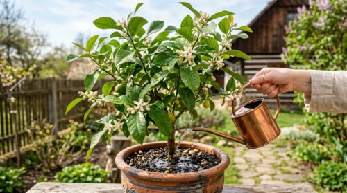 přesný způsob zalévání citroníku v květináči během března, aby květy neztratily svou krásu a rostlina zůstala zdravá.