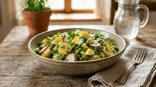 Křupavý jarní bramborový salát s hráškem bez majonézy, lehký a poctivý